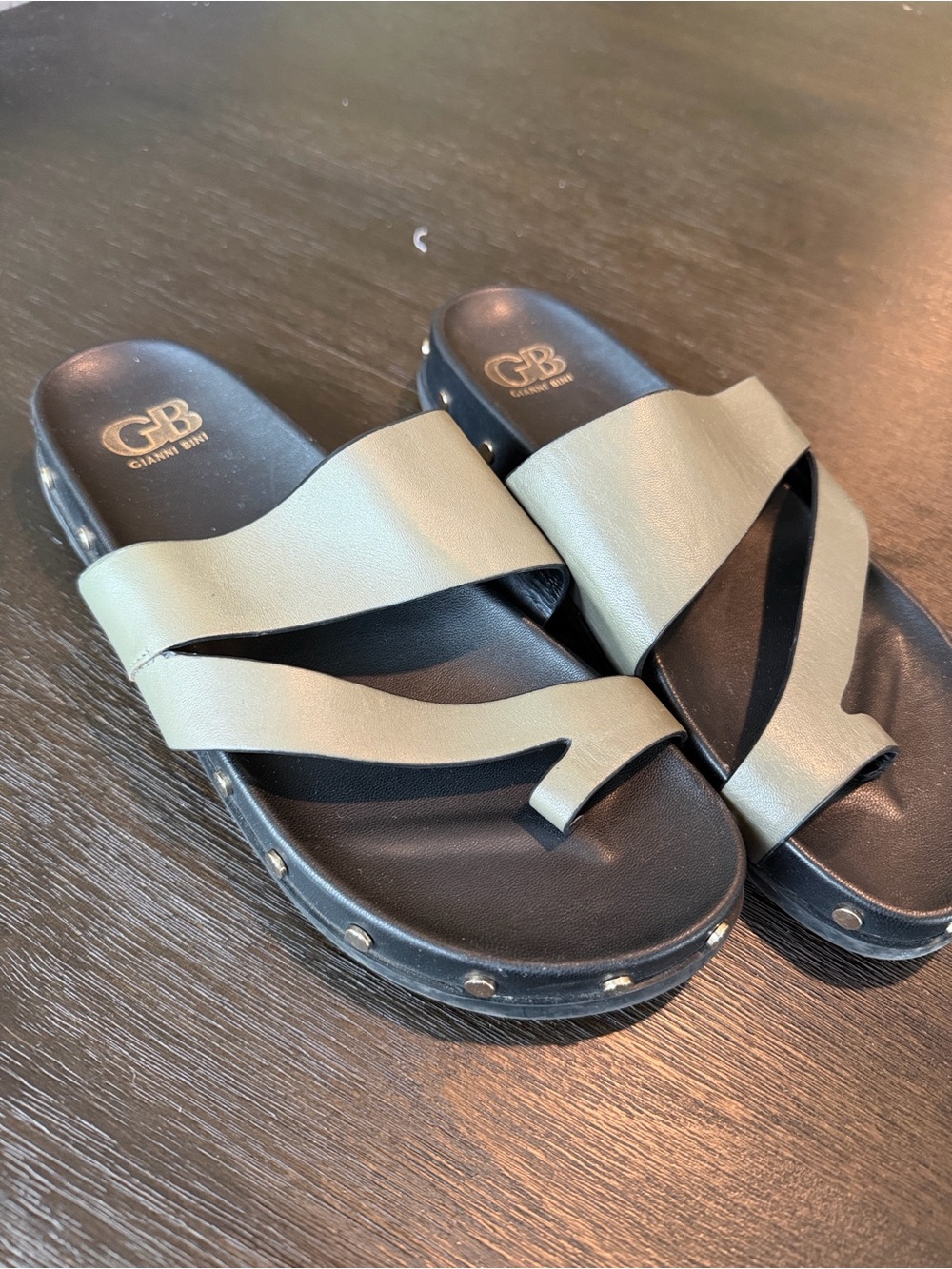 Gianni Bini Olive Cross-Strap Slide Sandals with Studded Black Sole